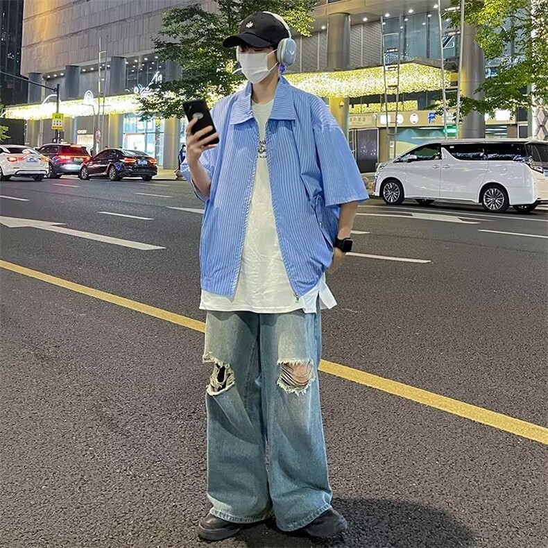 条纹短袖衬衫男夏季小众设计感复古港风外套 P50图片