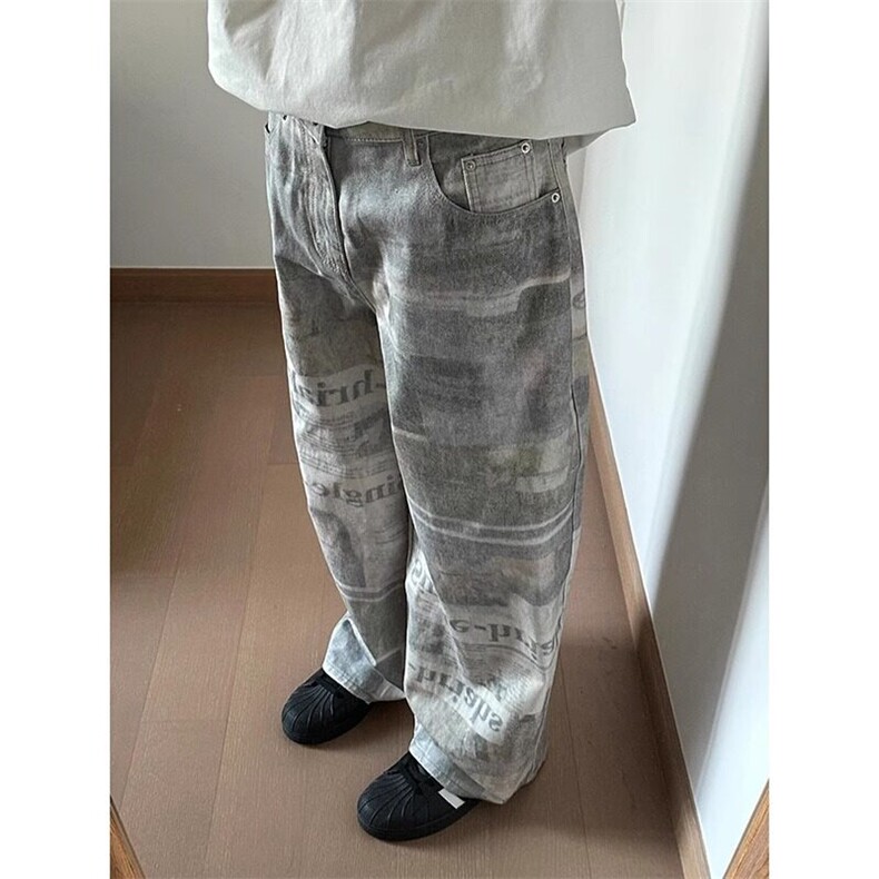 [有货]海报字母印花废土风阔腿牛仔裤NZ1019特P53,男装牛仔裤,星座908-1