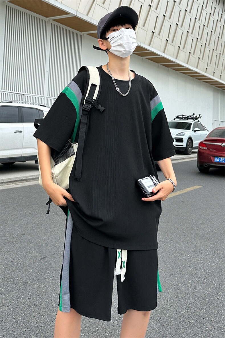 现货主推大码港风情侣拼接冰丝圆领短袖T恤五分裤休闲套装S16P50,男装牛仔裤,电商B226-2（原B217-2）