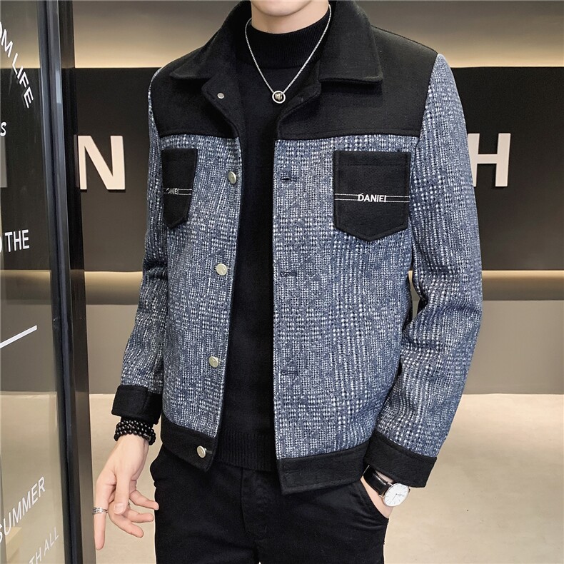 2023秋冬新款修身拼色翻领毛呢大衣男夹克外套男N8868-p120,男装毛呢大衣,电商D303