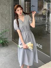 新款蓝灰色法式V领显瘦连衣裙【现货】5087-P125K178，女装连衣裙，浙宝192（原082）