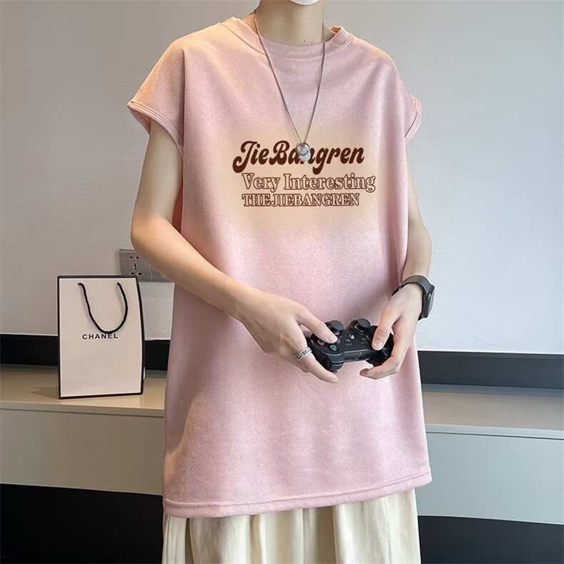 鹿皮绒无袖T恤男印花字母个性2023夏季新款ins宽松背心ST230-P31,男装T恤,星座412-3