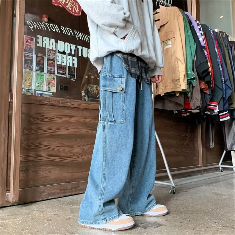 复古水洗宽松阔腿牛仔裤男BF垂感拖地工装大口袋老爹裤N5061-P45,男装牛仔裤,星座1008