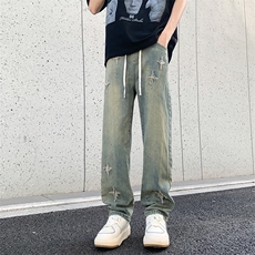 夏季设计感宽松休闲长裤2024新款高街潮牌牛仔裤男现货K7872-P43，男装牛仔裤，星座512-3