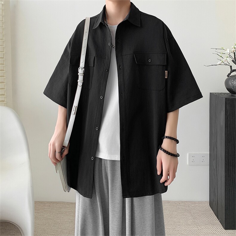 X2437-TP35控价58夏季五分袖衬衫潮牌宽松凉感上衣日系衬衣男，男装衬衫，电商A102-1