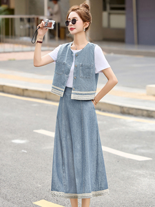 时尚蕾丝拼接牛仔马甲套装女2025年夏季新款洋气减龄半裙三件套图片