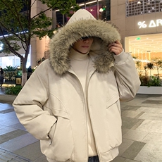 现货扎染PU皮棉服男冬季加厚连帽棉衣座山雕大毛领外套M090-P120，男装棉衣，星座308B-2
