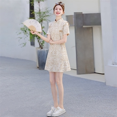 时尚新中式风改良旗袍套装女夏季气质盘扣立领连衣裙短裤两件套，女装套装/套裙，2C310