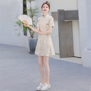 时尚新中式风改良旗袍套装女夏季气质盘扣立领连衣裙短裤两件套图片