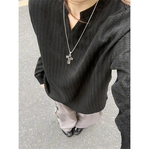 美式高街千鸟格子长袖T恤男女亨利V领英伦雅痞休闲宽松长袖打底衫图片