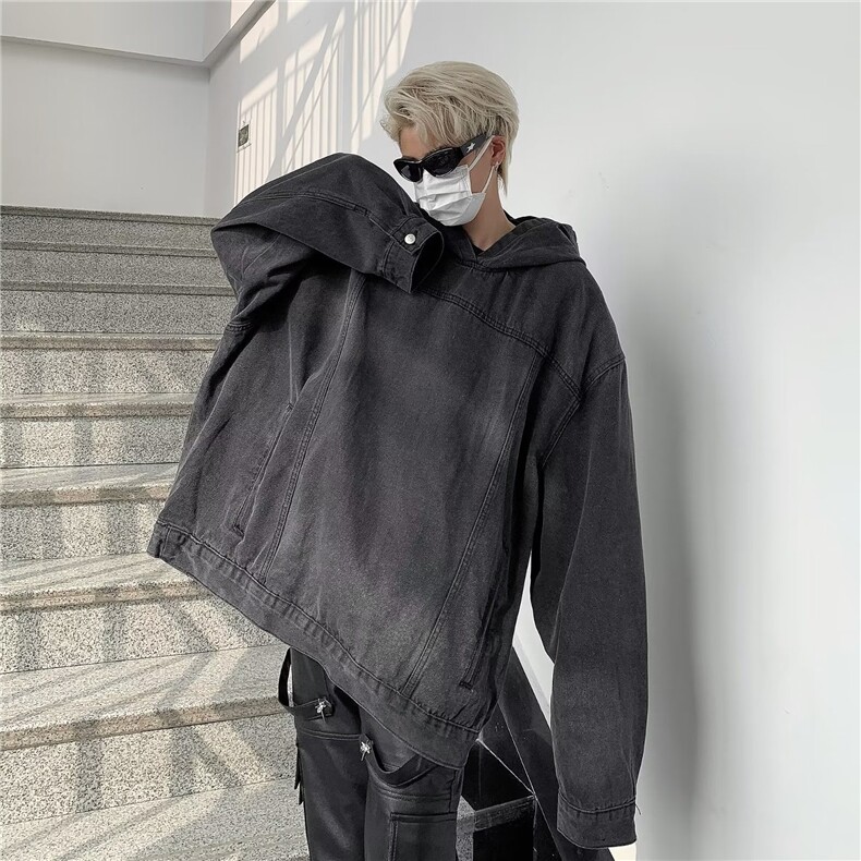 JK8605-P56蓝色美式复古拼接水洗做旧牛仔连帽卫衣,男装卫衣,电商B323A