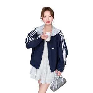 藏青色蕾丝拼接开衫短外套女2025秋季新款小个子减龄休闲连帽夹克图片