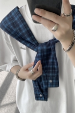 8XL-M潮情侣美式拼接打结格子假两件短袖宽松纯棉T恤男DX338，男装T恤，电商D206-1