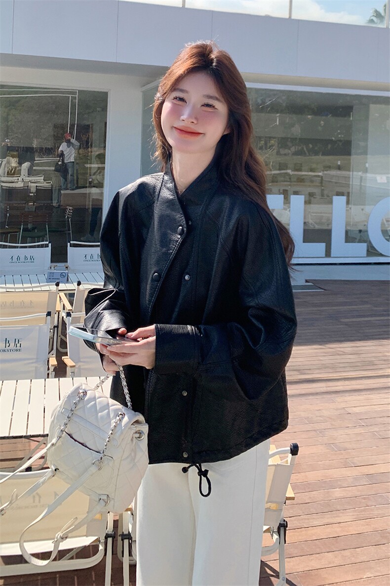 高级感黑色皮衣外套女2025年秋季新款复古设计感宽松短款夹克上衣,女装皮衣,2C198
