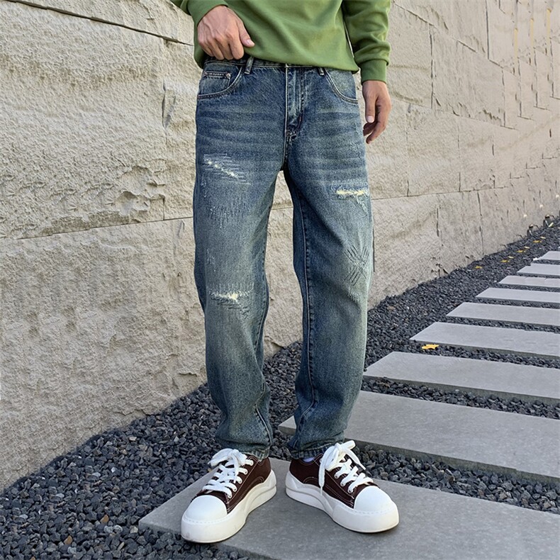B230档2025秋冬新款美式做旧刺绣补丁宽松直筒牛仔裤男9011P90，男装牛仔裤，电商B230