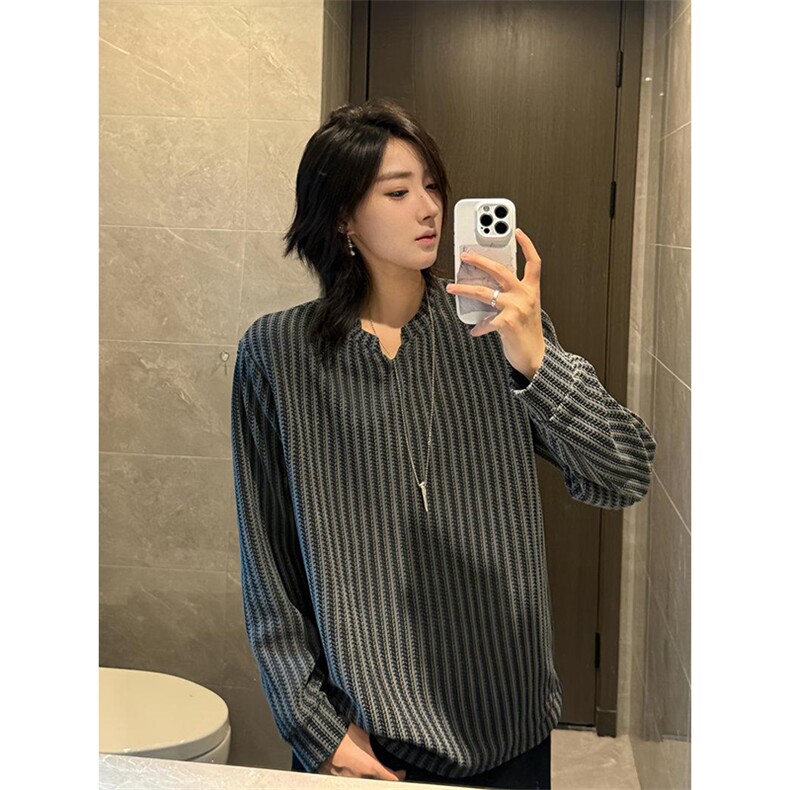 美式高街千鸟格子长袖T恤男女亨利V领英伦雅痞休闲宽松长袖打底衫,男装T恤,电商A486