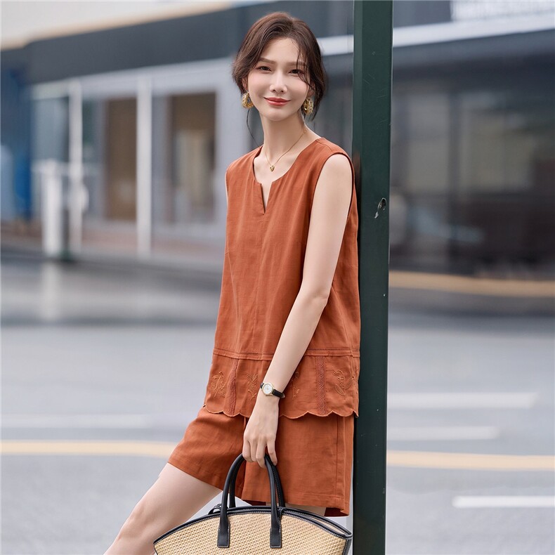 2026夏季棉麻刺绣短裤套装,女装套装/套裙,曼琳思菲