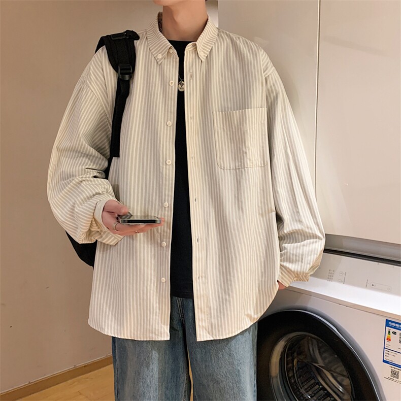 日系条纹长袖衬衫男ins潮牌百搭宽松cityboy休闲衬衣外套CS12-P28图片