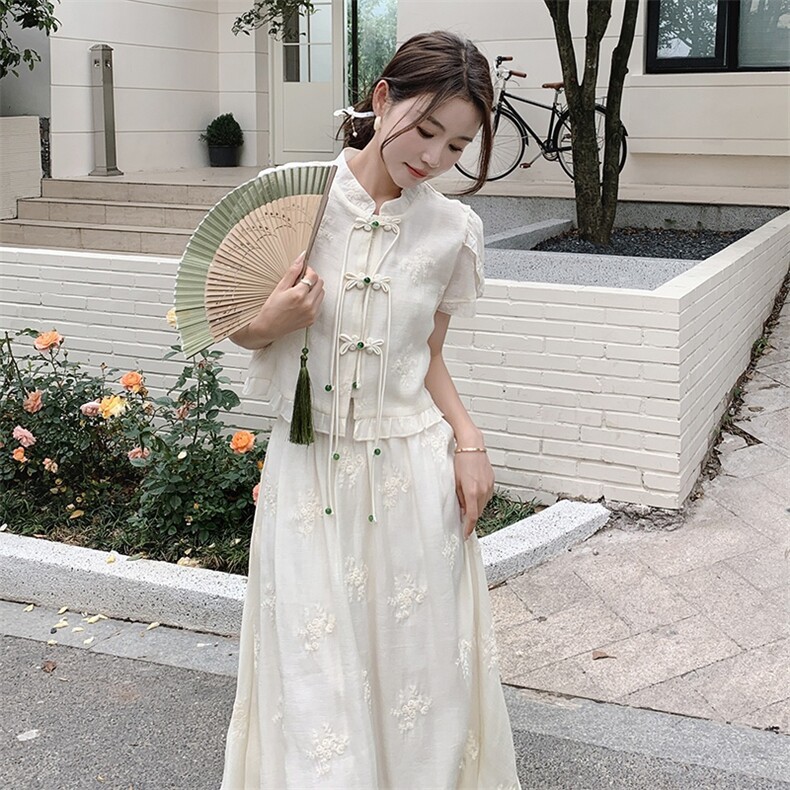 新中式汉元素国风盘扣连衣裙两件套女夏2025新款禅意改良旗袍套装图片