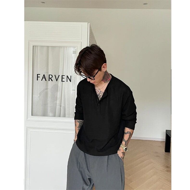 （网图）亨利领肌理感纯色长袖T恤春季休闲上衣2026新款男装P38，男装T恤，电商C306-1