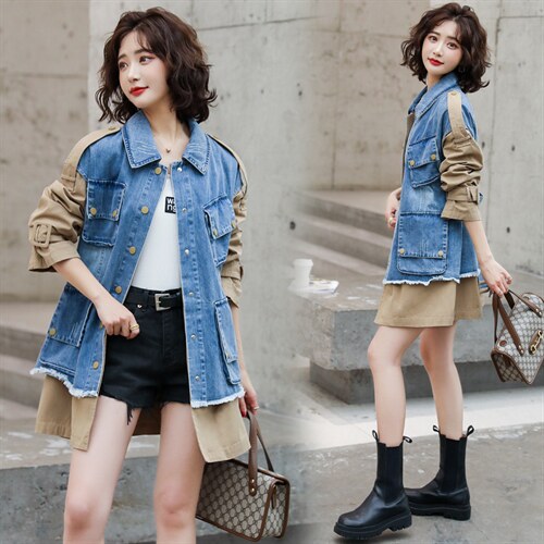 现货-牛仔拼接风衣女2024秋装新款韩版宽松中长款百搭港风外套,女装风衣,霓裳依族