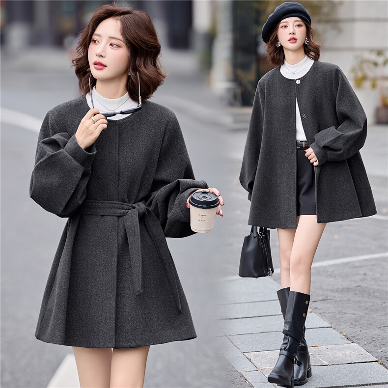 2025年秋冬新款气质宽松时尚灯笼袖系带收腰羊毛大衣，女装毛呢外套，鑫鑫美