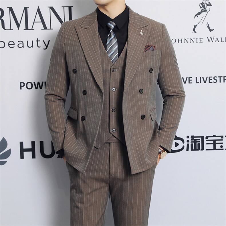 2025新款条纹三件套装西服婚礼举持结婚礼服2022-P220，男装西服，星座311B