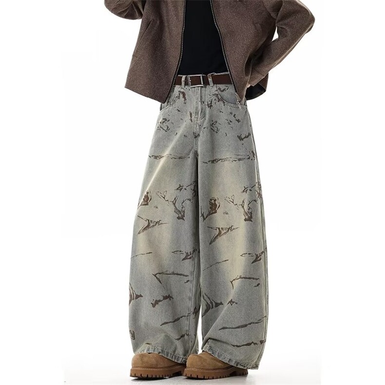 美式复古做旧水洗脏染弯刀废土风宽松阔腿拖地牛仔裤221-5/k2338，男装牛仔裤，星座221-5