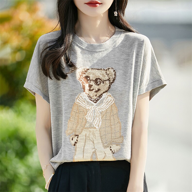 时尚印花冰丝针织短袖T恤女2025夏宽松薄款透气显瘦小飞袖上衣t恤,女装T恤,暖烁羊绒