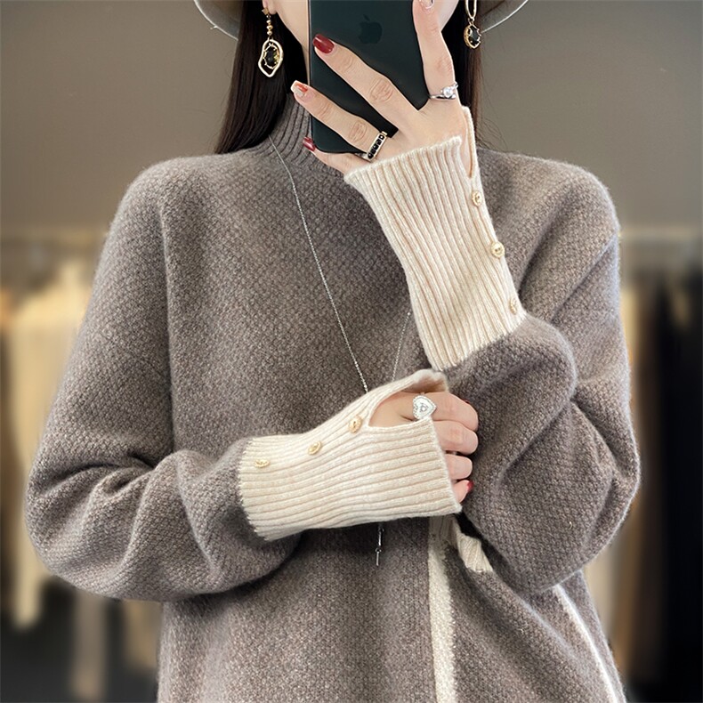 半高领羊毛衫女2024新款秋冬装洋气网红打底衫时尚拼接,女装羊毛衫,蒙特羊绒
