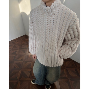 冬季男士棉服兔毛条纹绒虎皮纹宽松加绒加厚外套棉衣特p95图片