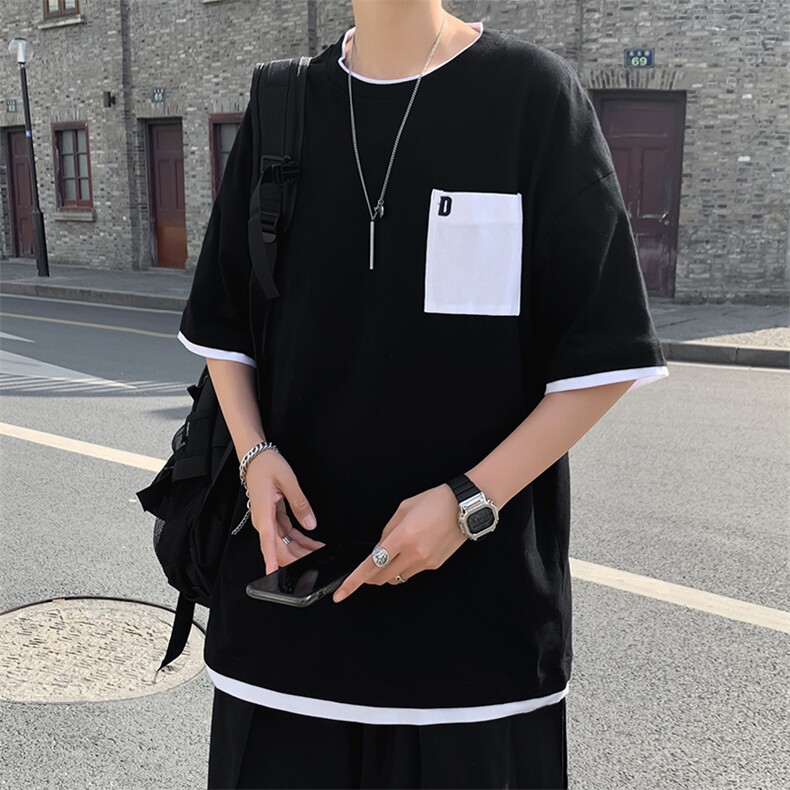 新款夏季宽松情侣胸前口袋日系t恤短袖男撞色假两件T121-P20,男装T恤,星座512-2