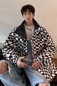 1港风两面穿大码M-5XL格子PU皮鳄鱼纹皮衣夹克男JK8753P110控149图片