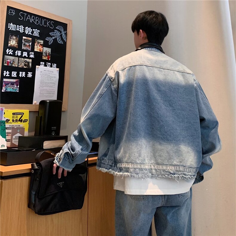 水洗渐变牛仔马甲男款叠穿背心做旧毛边坎肩美式高街无袖工装外套,男装夹克,星座716-4