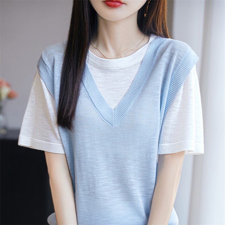 2025新款夏季假两件针织衫女宽松显瘦百搭短袖上衣洋气减龄打底衫,针织衫/毛衣,皓宇羊绒