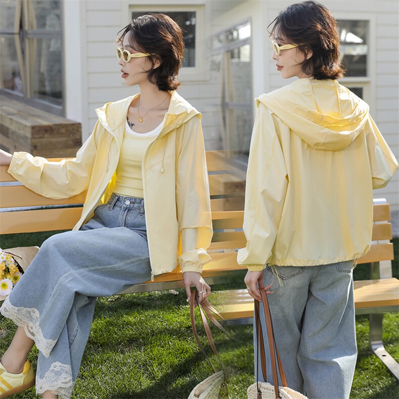 现货薄款透气轻薄连帽开衫多巴胺外穿通勤外套女，女装防晒衣，韩蔻秀