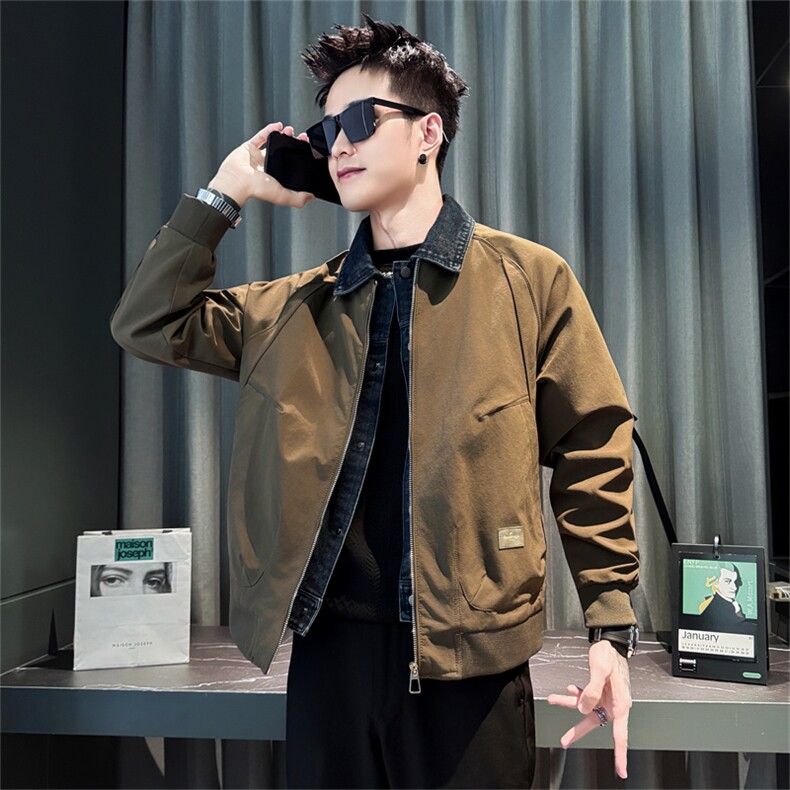 J9299-P118控158春秋季男假两件叠穿牛仔拼接外套2025新款男装上图片