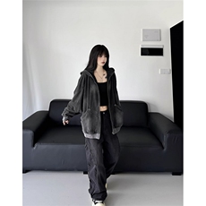 美式复古水洗做旧连帽拉链卫衣男女2025秋季新款宽松百搭外套上衣，女装短外套，星座410-7