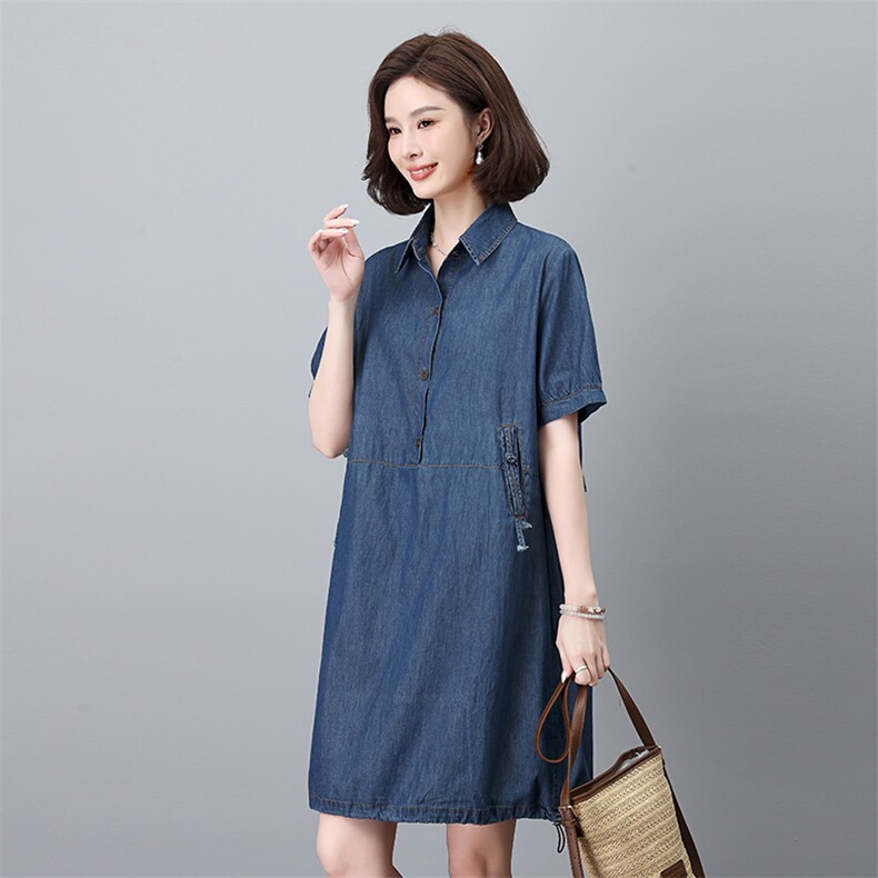 时尚牛仔连衣裙女夏季新款宽松显瘦短袖衬衫裙气质百搭休闲裙装,女装连衣裙,叶笙衣