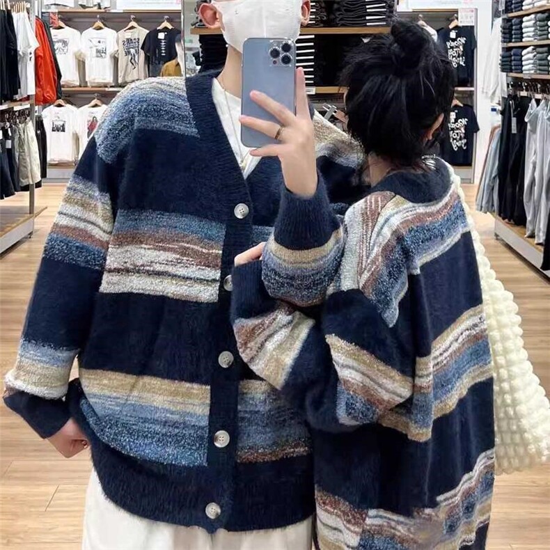 网图现货84861-特P65美式条纹V领开衫毛衣女潮牌情侣装针织衫外套,针织衫/毛衣,电商D310B