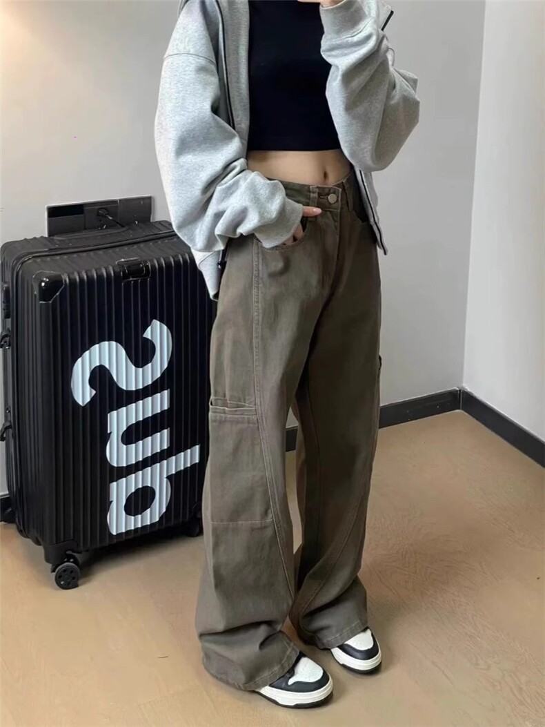 美式复古工装裤解构设计新款宽松牛仔裤美拉德棕色裤子男K68图片