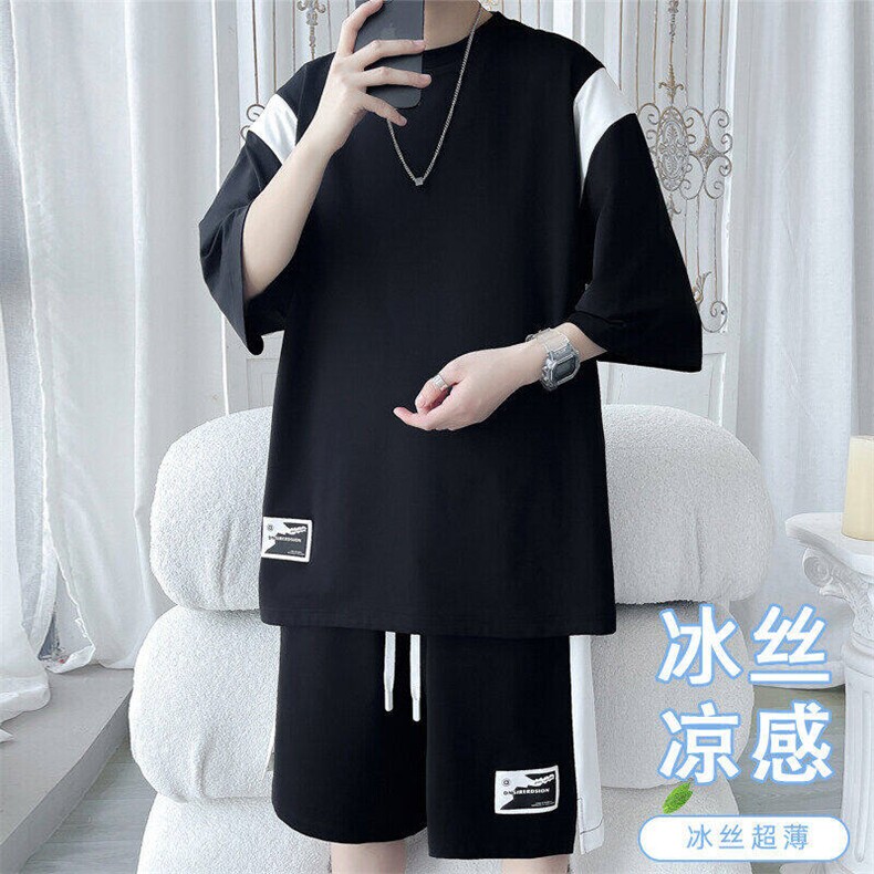 2025夏季新款旋律风车大码冰丝短袖套装M-5XHQ24532-特P55，男装休闲套装，电商A022
