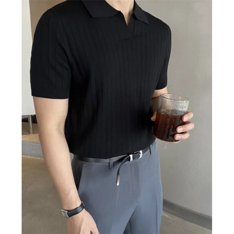 老钱风纯色条纹V领针织男短袖翻领上午冰丝Polo衫PL91/P48,男装Polo衫,电商A243