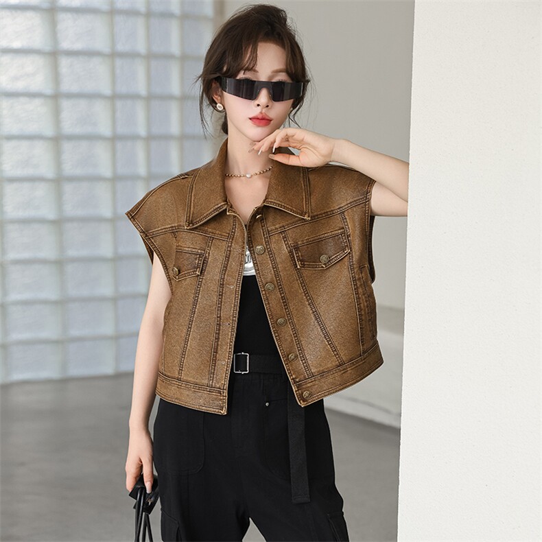 欧货复古皮马甲外套女2024春秋季新款工装风上衣皮马夹高级感皮衣，女装马甲，美拉德工厂直营店