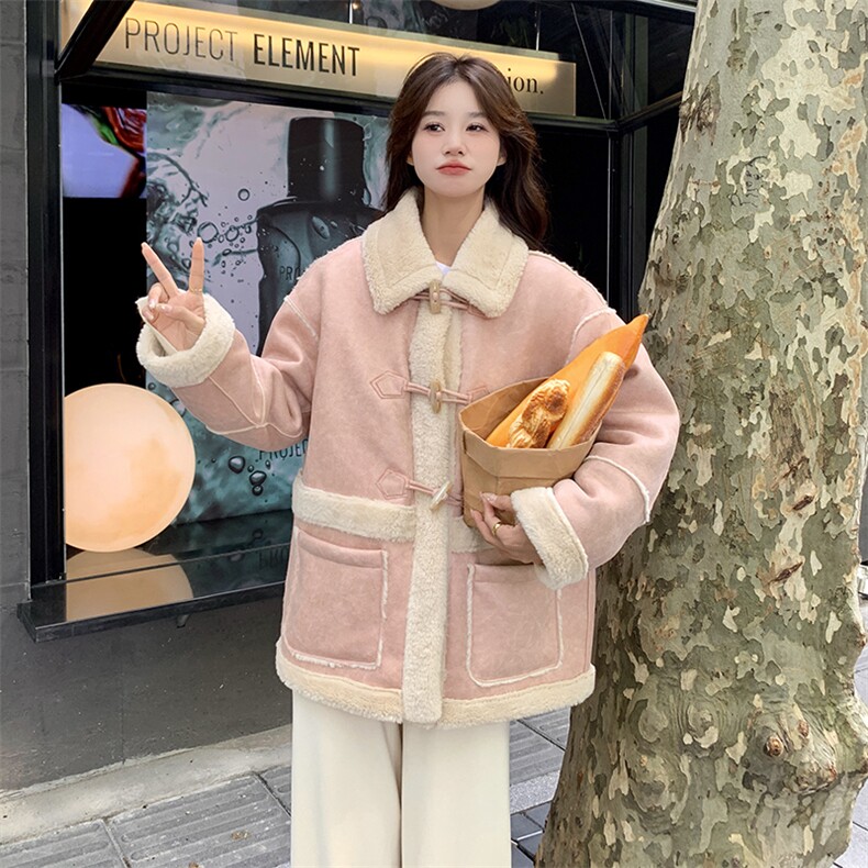 甜美粉色麂皮绒皮毛一体羊羔毛外套女秋冬2025新款时髦温柔风棉服,女装短外套,2B156