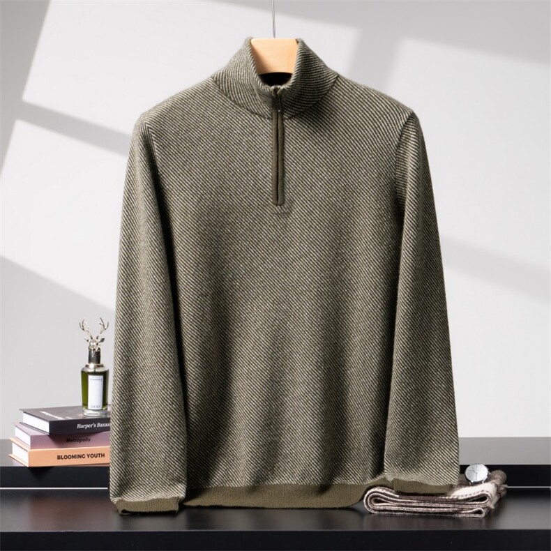 2025秋冬百搭时尚简约半拉链斜纹针织衫，男装羊绒套衫，致织羊绒