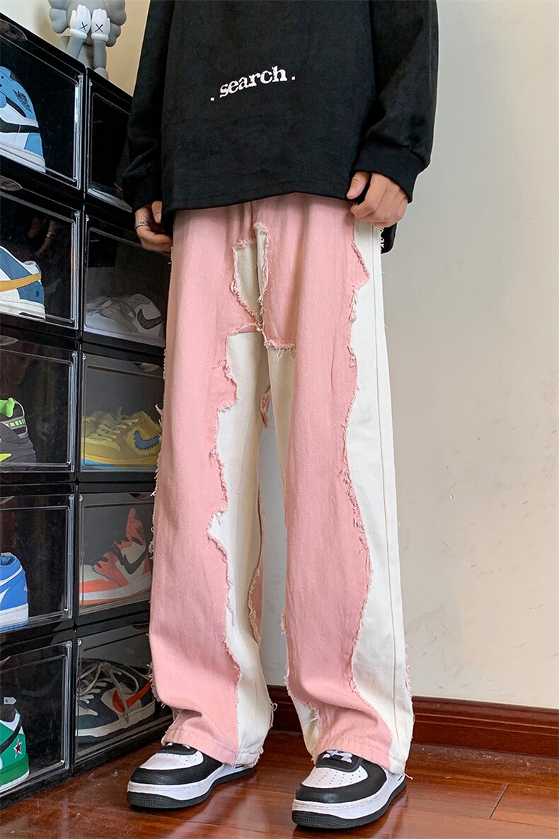 8XL-M特大码美式高街ins小众vibe鸳鸯黑白拼接直筒牛仔裤K929P60,男装休闲裤,电商D206-1