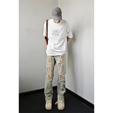 B221美式ins高街暗黑小众拉链喷墨破洞牛仔裤LK23085-P65控88，男装牛仔裤，电商B221