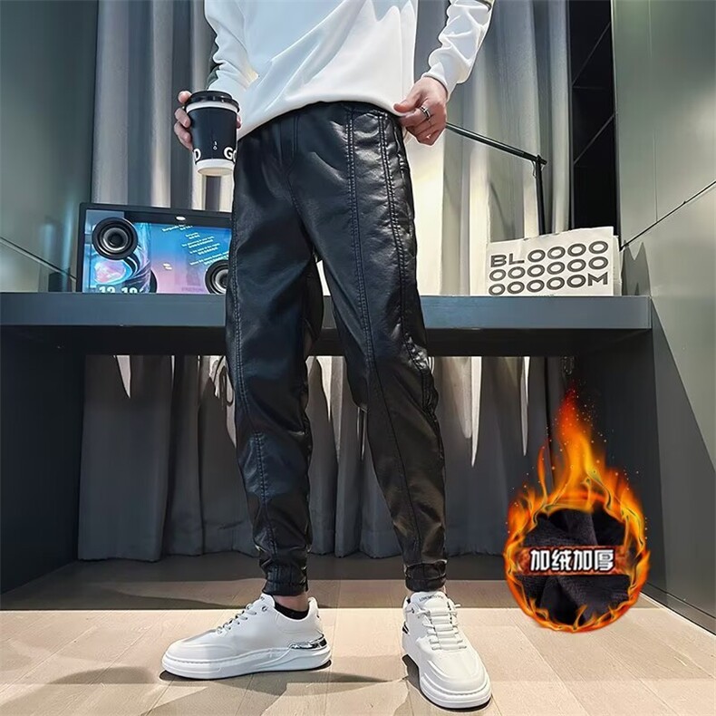 网图加绒加厚潮流韩版痞帅PU机车风束脚ins休闲皮裤PK8893-特P60，男装皮裤，电商C216