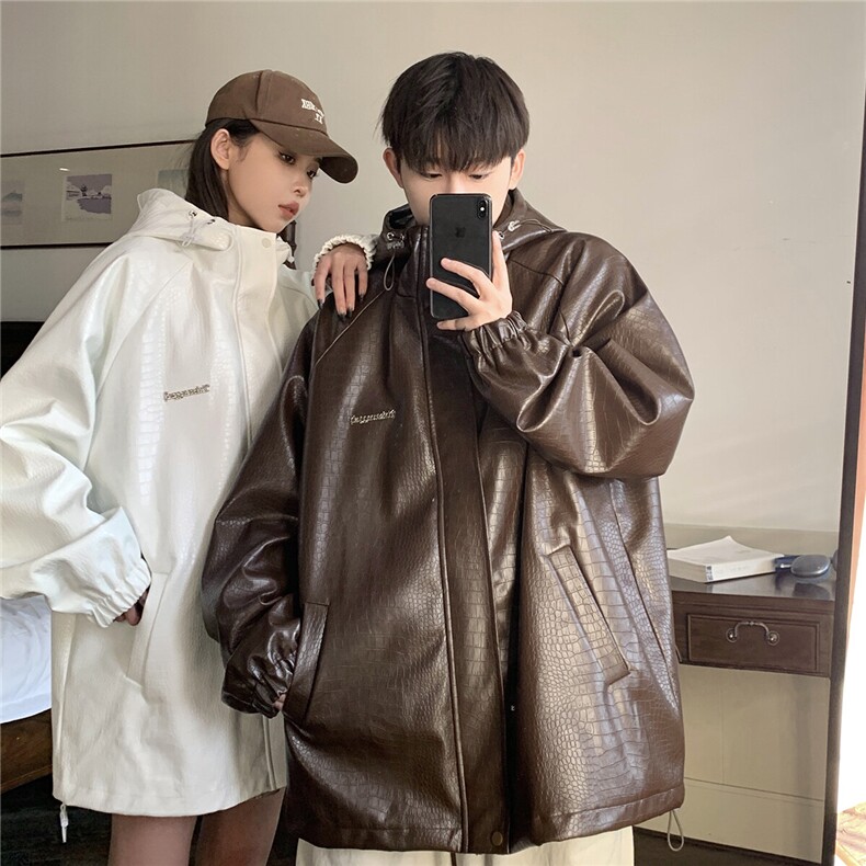 1港风连帽鳄鱼纹PU皮大码M-5XL情侣女冲锋衣夹克男JK8744P90控128，男装夹克，星座226-2